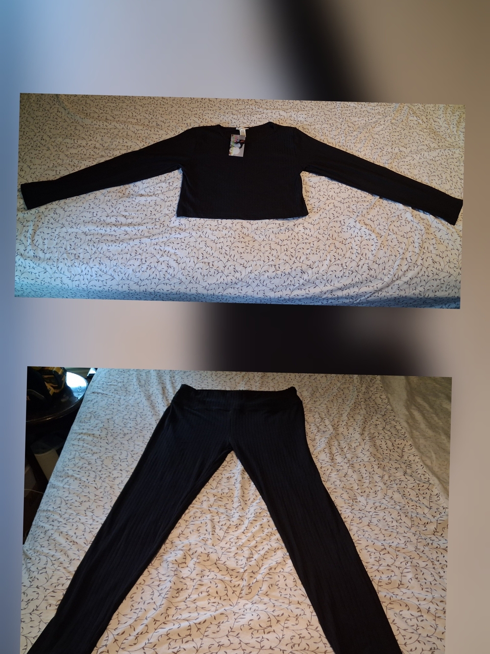 Black Sheer Ribbed Two-Piece Women’s Set - Cropped Top & Leggings